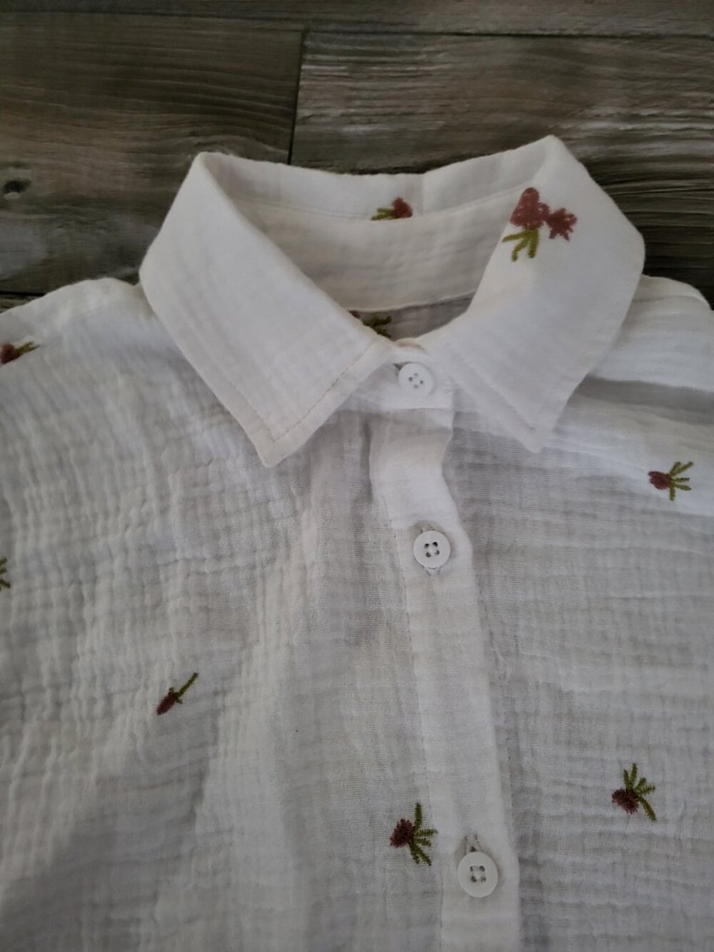 Embroidered White Double Gauze Cotton Button Down Shirt - Picture 5 of 11